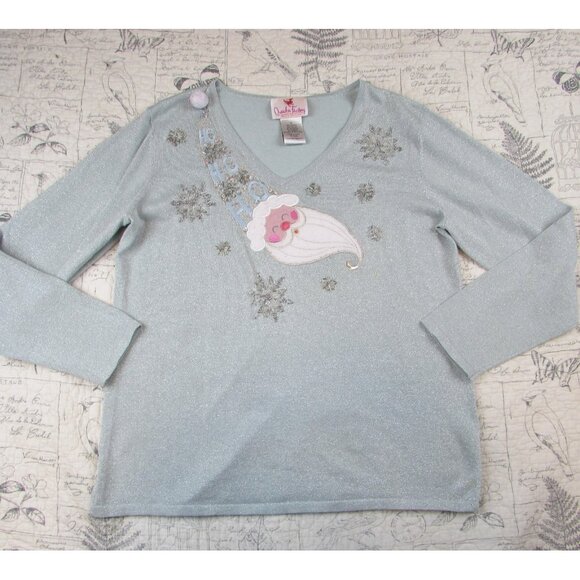 Quaker Factory Sweater Womens L Blue shimmer Christmas Santa Holiday lightweight - Picture 2 of 9